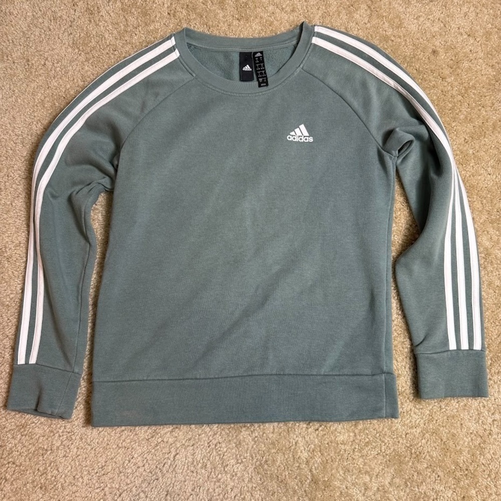 adidas Sage Green Crew Pullover with White 3-Stripes